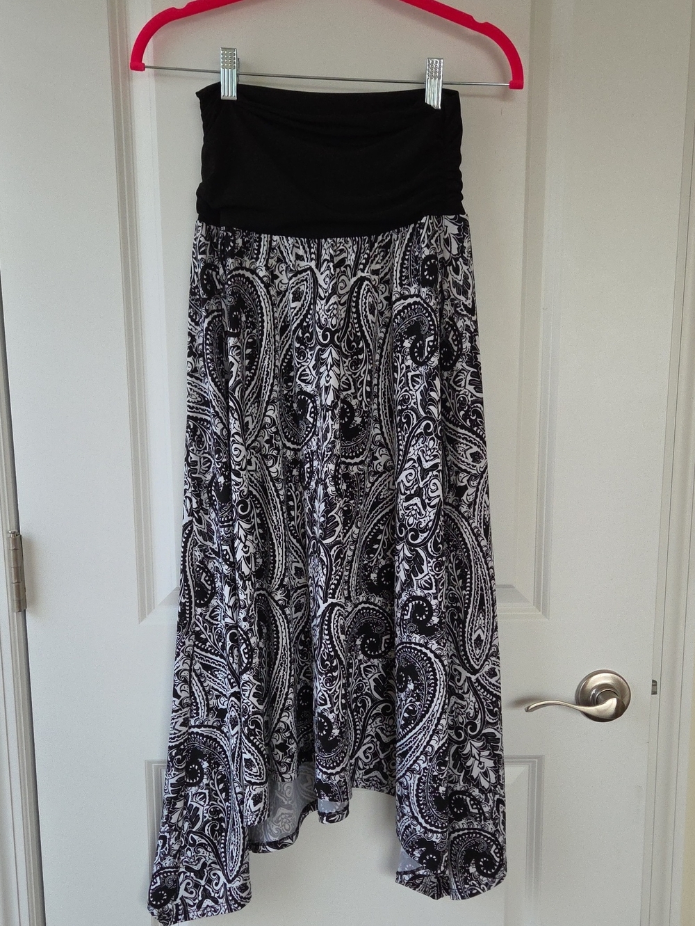 Black & White Paisley Maxi Skirt with Fold-Over Waistband